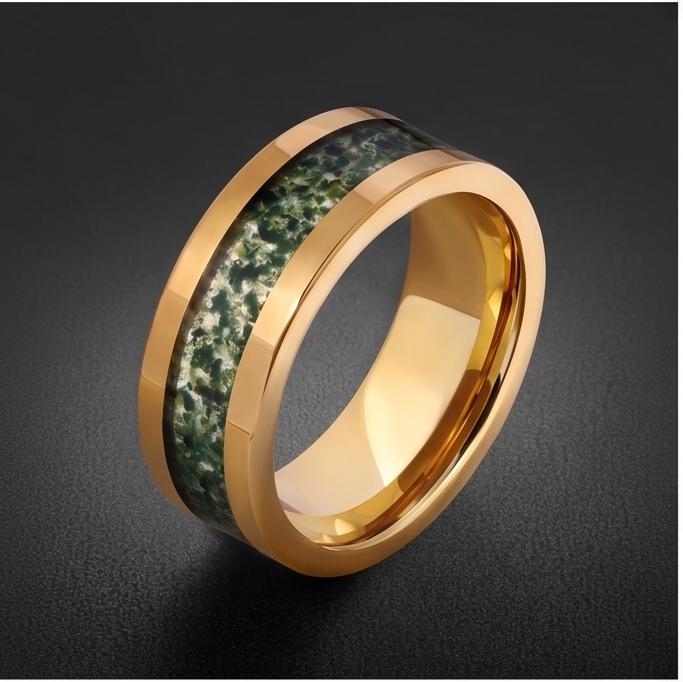 Moss Agate Gold Ring for Men ~ Nature Inspired Wedding Band ~ Green Moss Agate Ring - Unique Handcrafted Tungsten Jewelry Gif