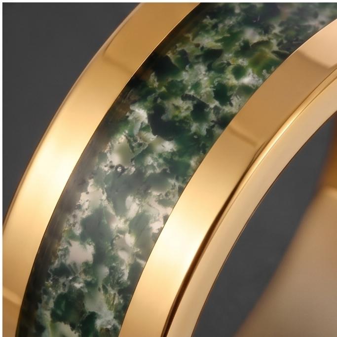 Moss Agate Gold Ring for Men ~ Nature Inspired Wedding Band ~ Green Moss Agate Ring - Unique Handcrafted Tungsten Jewelry Gif