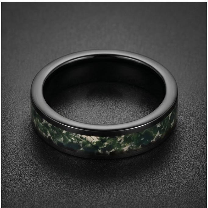 Moss Agate Ring, Black Tungsten Ring, Black Wedding Ring, Mens Wedding Band, Womens Ring, Anniversary Ring, Engagement Ring, 