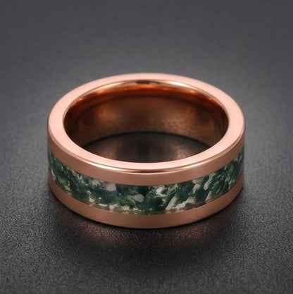 Moss Agate Ring, Rose Gold Tungsten Ring, Rose Gold Wedding Ring, Mens Wedding Band, Womens Ring, Anniversary Ring, Engagemen