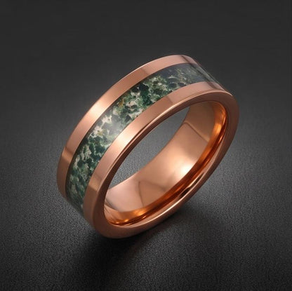 Moss Agate Ring, Rose Gold Tungsten Ring, Rose Gold Wedding Ring, Mens Wedding Band, Womens Ring, Anniversary Ring, Engagemen