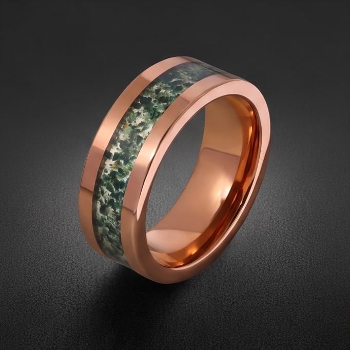 Moss Agate Ring, Rose Gold Tungsten Ring, Rose Gold Wedding Ring, Mens Wedding Band, Womens Ring, Anniversary Ring, Engagemen