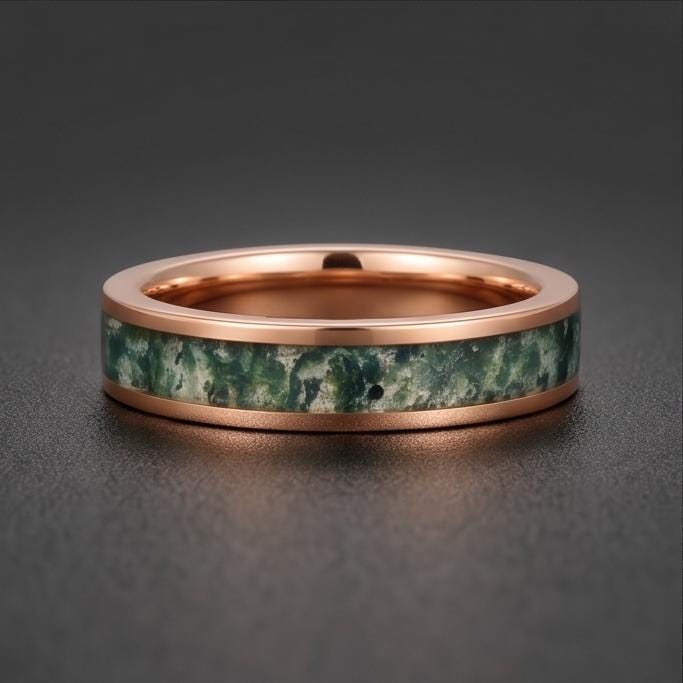 Moss Agate Ring, Rose Gold Tungsten Ring, Rose Gold Wedding Ring, Mens Wedding Band, Womens Ring, Anniversary Ring, Engagemen
