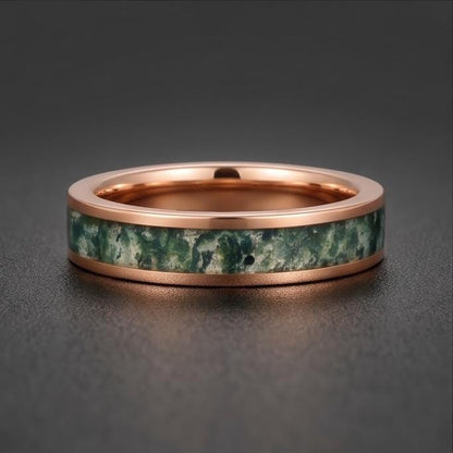Moss Agate Ring, Rose Gold Tungsten Ring, Rose Gold Wedding Ring, Mens Wedding Band, Womens Ring, Anniversary Ring, Engagemen