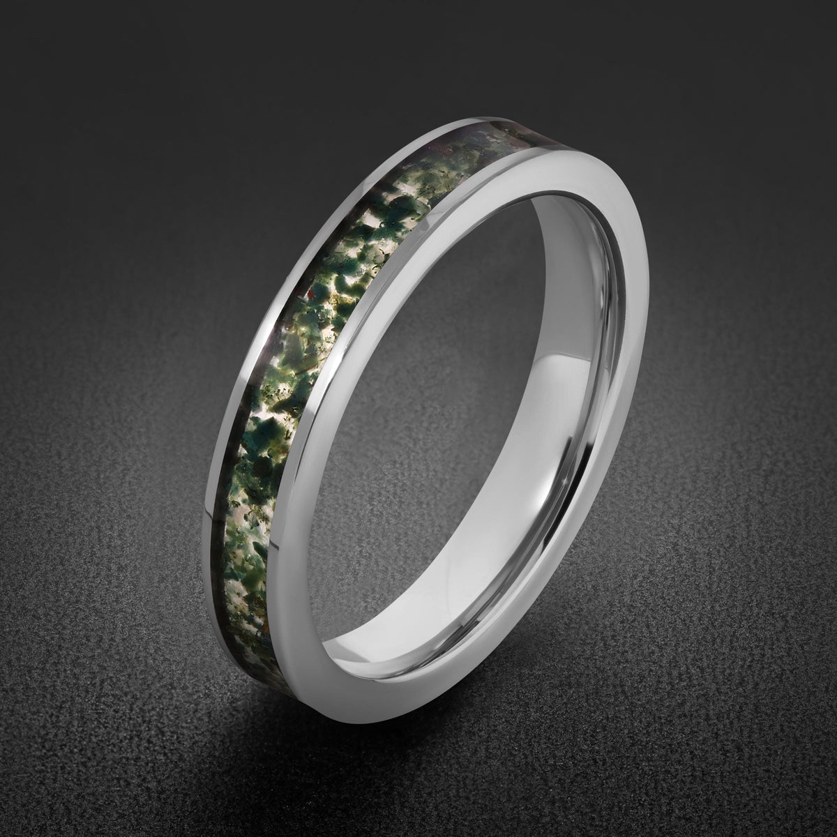Moss Agate Ring, Silver Tungsten Ring, Silver Wedding Ring, Mens Wedding Band, Womens Ring, Anniversary Ring, Engagement Ring