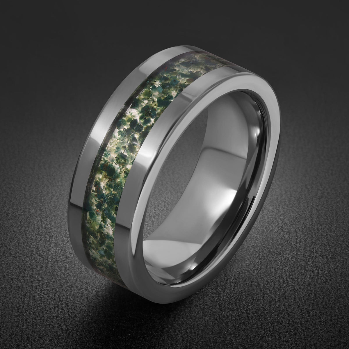Moss Agate Ring, Silver Tungsten Ring, Silver Wedding Ring, Mens Wedding Band, Womens Ring, Anniversary Ring, Engagement Ring