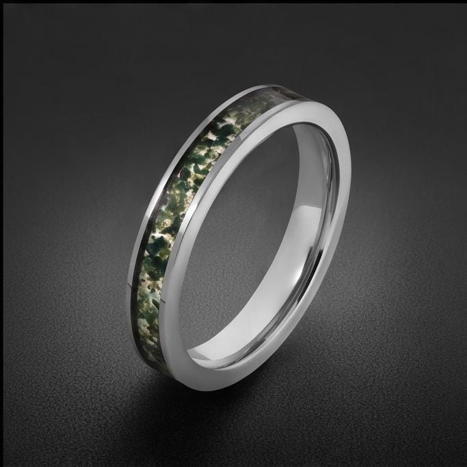 Moss Agate Ring, Silver Tungsten Ring, Silver Wedding Ring, Mens Wedding Band, Womens Ring, Anniversary Ring, Engagement Ring