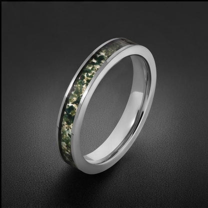 Moss Agate Ring, Silver Tungsten Ring, Silver Wedding Ring, Mens Wedding Band, Womens Ring, Anniversary Ring, Engagement Ring