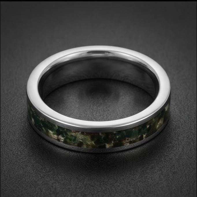 Moss Agate Ring, Silver Tungsten Ring, Silver Wedding Ring, Mens Wedding Band, Womens Ring, Anniversary Ring, Engagement Ring