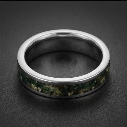 Moss Agate Ring, Silver Tungsten Ring, Silver Wedding Ring, Mens Wedding Band, Womens Ring, Anniversary Ring, Engagement Ring
