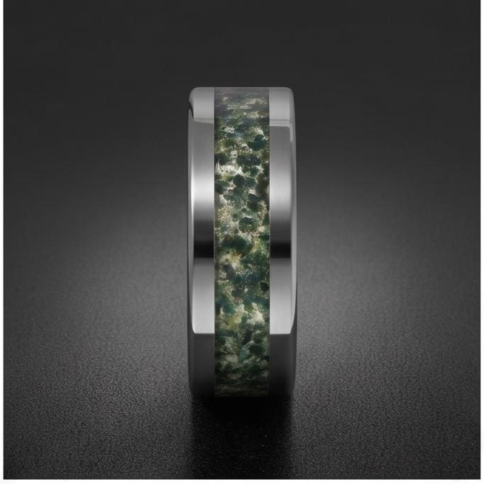 Moss Agate Ring, Silver Tungsten Ring, Silver Wedding Ring, Mens Wedding Band, Womens Ring, Anniversary Ring, Engagement Ring