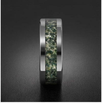 Moss Agate Ring, Silver Tungsten Ring, Silver Wedding Ring, Mens Wedding Band, Womens Ring, Anniversary Ring, Engagement Ring