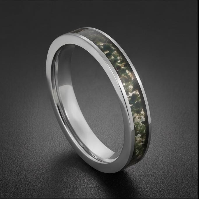 Moss Agate Ring, Silver Tungsten Ring, Silver Wedding Ring, Mens Wedding Band, Womens Ring, Anniversary Ring, Engagement Ring