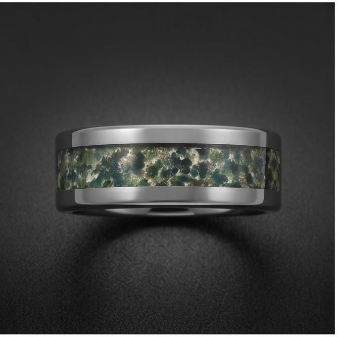 Moss Agate Ring, Silver Tungsten Ring, Silver Wedding Ring, Mens Wedding Band, Womens Ring, Anniversary Ring, Engagement Ring