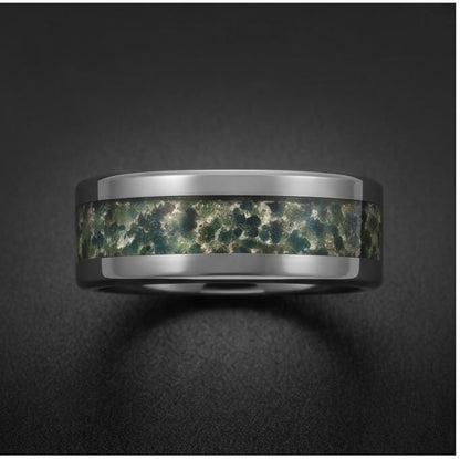 Moss Agate Ring, Silver Tungsten Ring, Silver Wedding Ring, Mens Wedding Band, Womens Ring, Anniversary Ring, Engagement Ring