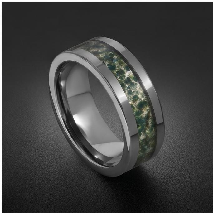 Moss Agate Ring, Silver Tungsten Ring, Silver Wedding Ring, Mens Wedding Band, Womens Ring, Anniversary Ring, Engagement Ring