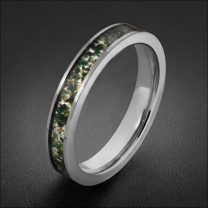 Moss Agate Ring, Silver Tungsten Ring, Silver Wedding Ring, Mens Wedding Band, Womens Ring, Anniversary Ring, Engagement Ring