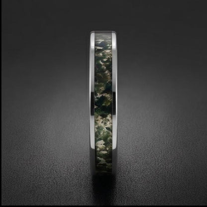 Moss Agate Ring, Silver Tungsten Ring, Silver Wedding Ring, Mens Wedding Band, Womens Ring, Anniversary Ring, Engagement Ring