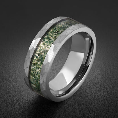 Moss agate ring, hammered silver tungsten ring, mens wedding band, womens wedding ring, anniversary gift, comfort fit, 4mm ri