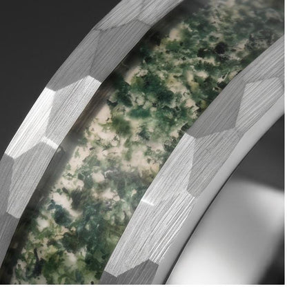 Moss agate ring, hammered silver tungsten ring, mens wedding band, womens wedding ring, anniversary gift, comfort fit, 4mm ri