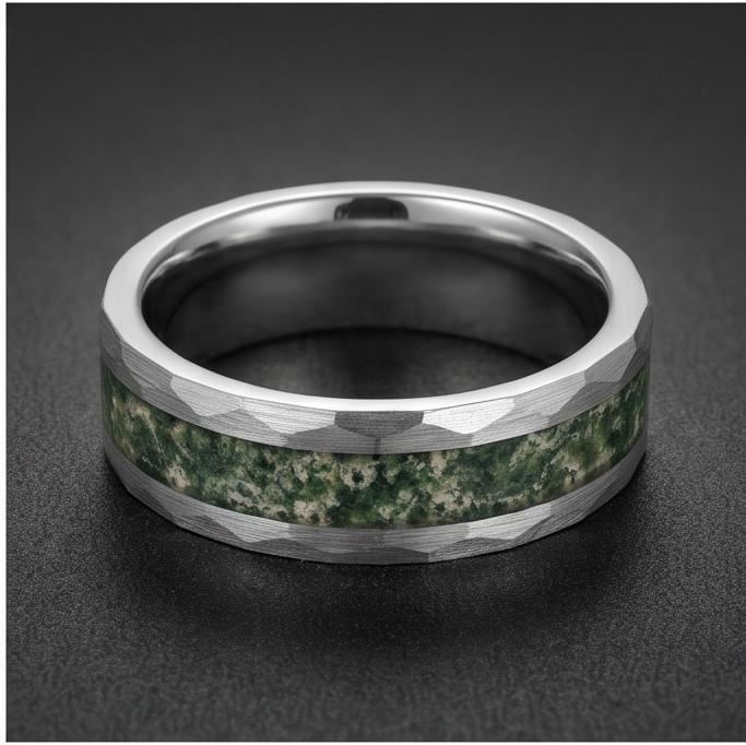 Moss agate ring, hammered silver tungsten ring, mens wedding band, womens wedding ring, anniversary gift, comfort fit, 4mm ri