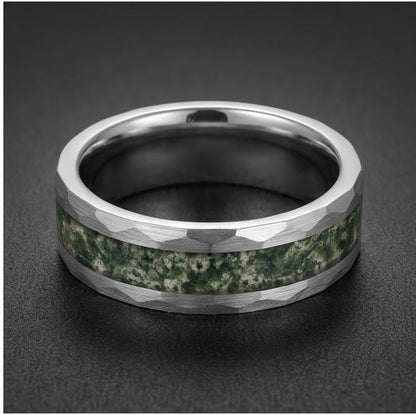 Moss agate ring, hammered silver tungsten ring, mens wedding band, womens wedding ring, anniversary gift, comfort fit, 4mm ri