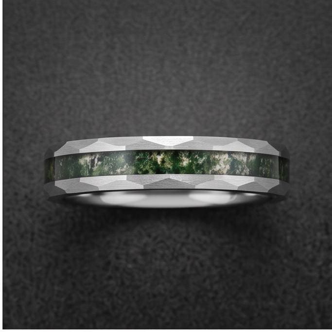 Moss agate ring, hammered silver tungsten ring, mens wedding band, womens wedding ring, anniversary gift, comfort fit, 4mm ri
