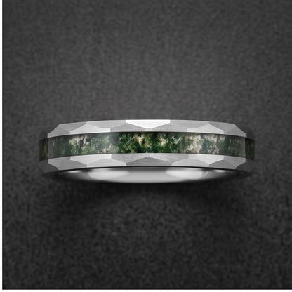 Moss agate ring, hammered silver tungsten ring, mens wedding band, womens wedding ring, anniversary gift, comfort fit, 4mm ri