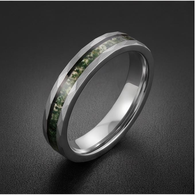 Moss agate ring, hammered silver tungsten ring, mens wedding band, womens wedding ring, anniversary gift, comfort fit, 4mm ri
