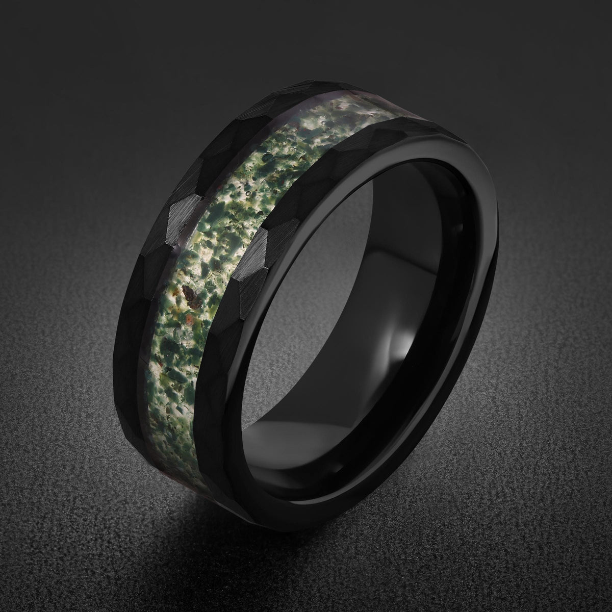 Moss Agate Ring, Hammered Tungsten Ring, Hammered Black Ring, Black Tungsten Ring, Black Wedding Ring, Mens Wedding Band, Wom