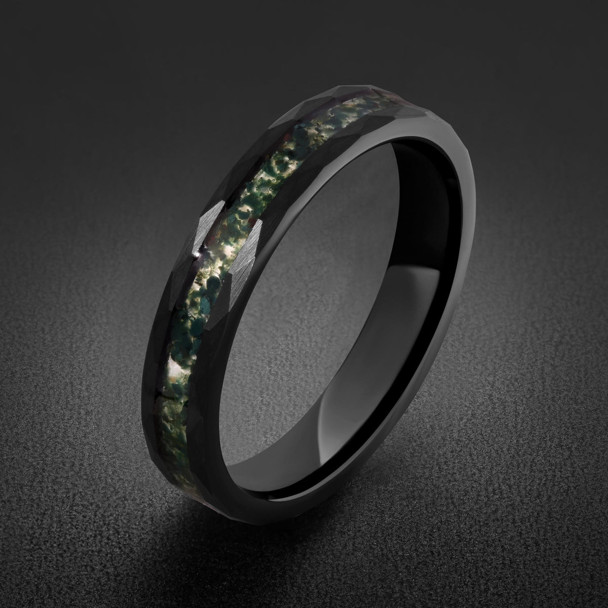 Moss Agate Ring, Hammered Tungsten Ring, Hammered Black Ring, Black Tungsten Ring, Black Wedding Ring, Mens Wedding Band, Wom