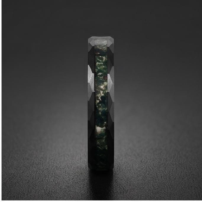 Moss Agate Ring, Hammered Tungsten Ring, Hammered Black Ring, Black Tungsten Ring, Black Wedding Ring, Mens Wedding Band, Wom