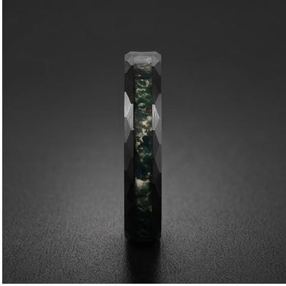 Moss Agate Ring, Hammered Tungsten Ring, Hammered Black Ring, Black Tungsten Ring, Black Wedding Ring, Mens Wedding Band, Wom