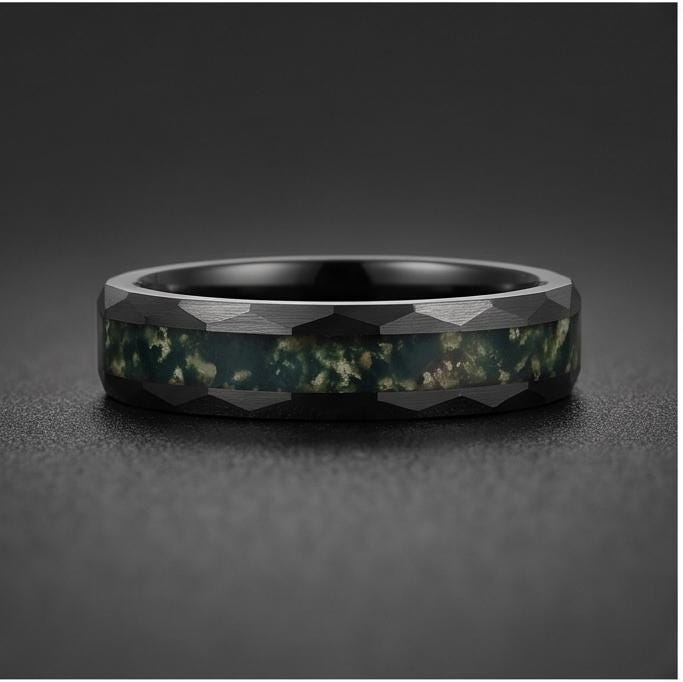 Moss Agate Ring, Hammered Tungsten Ring, Hammered Black Ring, Black Tungsten Ring, Black Wedding Ring, Mens Wedding Band, Wom