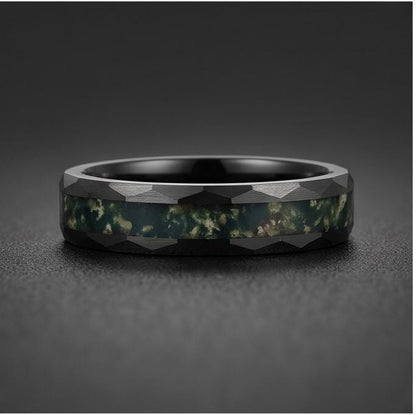 Moss Agate Ring, Hammered Tungsten Ring, Hammered Black Ring, Black Tungsten Ring, Black Wedding Ring, Mens Wedding Band, Wom