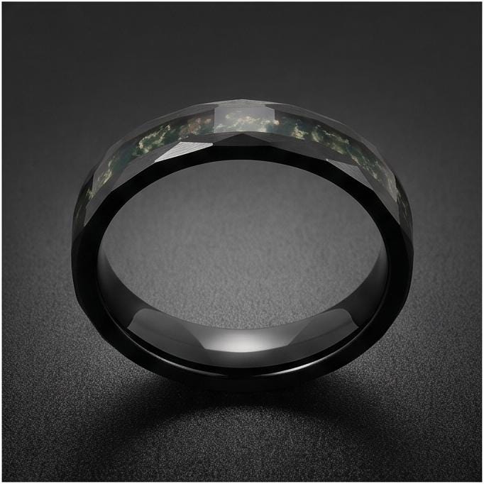 Moss Agate Ring, Hammered Tungsten Ring, Hammered Black Ring, Black Tungsten Ring, Black Wedding Ring, Mens Wedding Band, Wom