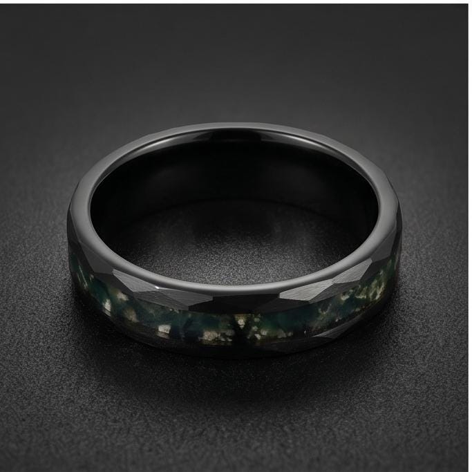 Moss Agate Ring, Hammered Tungsten Ring, Hammered Black Ring, Black Tungsten Ring, Black Wedding Ring, Mens Wedding Band, Wom