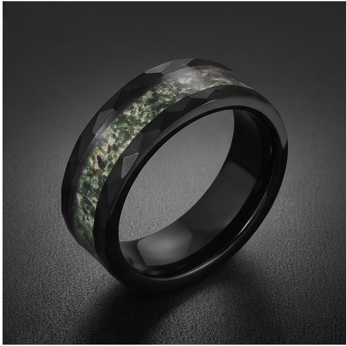 Moss Agate Ring, Hammered Tungsten Ring, Hammered Black Ring, Black Tungsten Ring, Black Wedding Ring, Mens Wedding Band, Wom