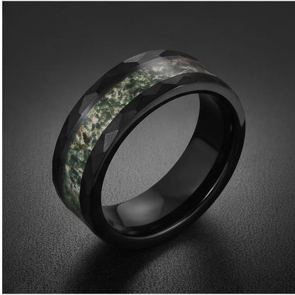 Moss Agate Ring, Hammered Tungsten Ring, Hammered Black Ring, Black Tungsten Ring, Black Wedding Ring, Mens Wedding Band, Wom
