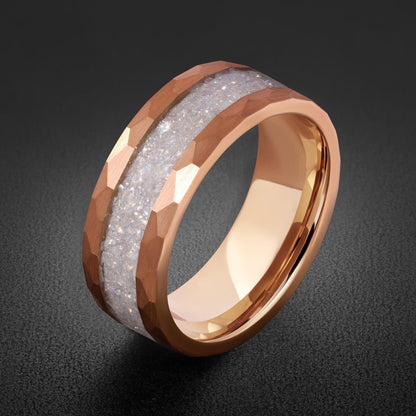 Moonstone Ring, Hammered Tungsten Ring, Hammered Rose Gold Ring, Mens Wedding Band, Womens Ring, Anniversary Ring, Engagement