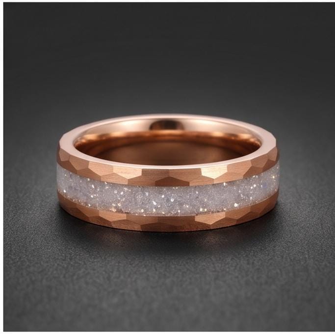 Moonstone Ring, Hammered Tungsten Ring, Hammered Rose Gold Ring, Mens Wedding Band, Womens Ring, Anniversary Ring, Engagement