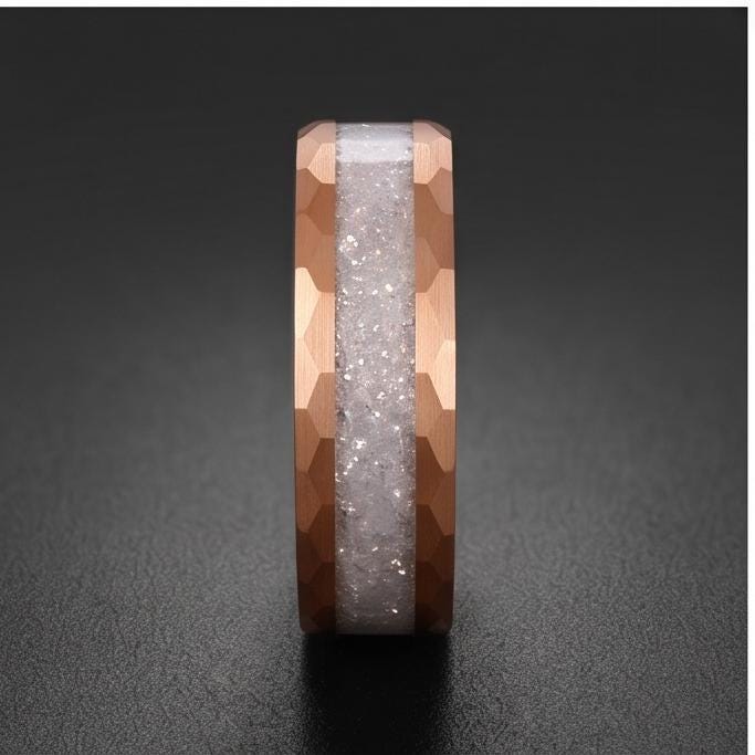 Moonstone Ring, Hammered Tungsten Ring, Hammered Rose Gold Ring, Mens Wedding Band, Womens Ring, Anniversary Ring, Engagement