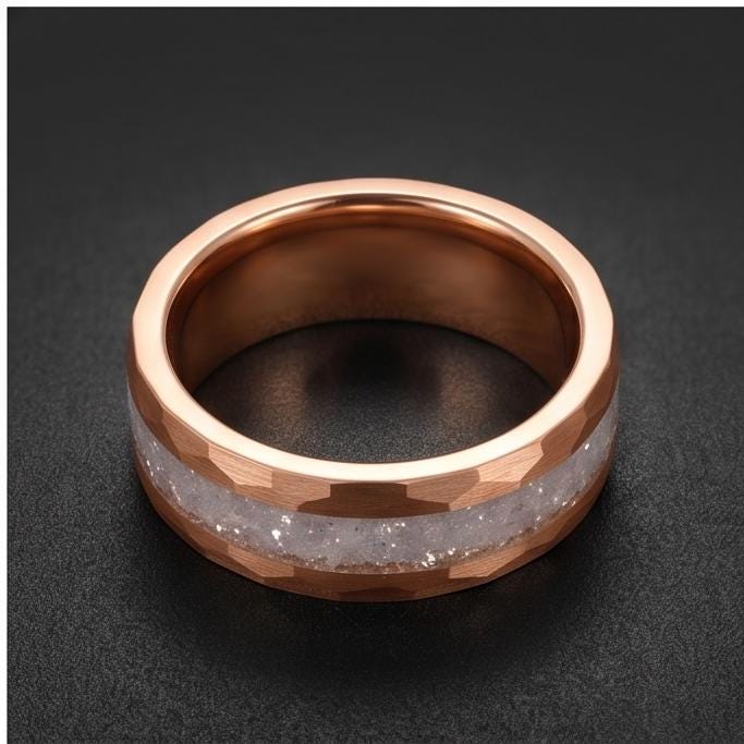 Moonstone Ring, Hammered Tungsten Ring, Hammered Rose Gold Ring, Mens Wedding Band, Womens Ring, Anniversary Ring, Engagement