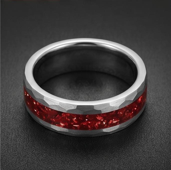 Ruby Ring, Hammered Tungsten Ring, Hammered Silver Ring, Mens Wedding Band, Womens Ring, Anniversary Ring, Engagement Ring, 4