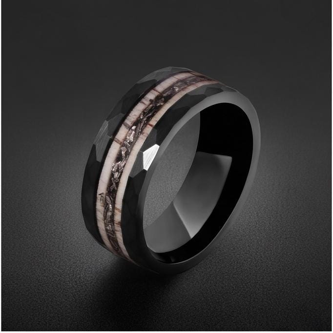 Hammered Tungsten Meteorite Deer Antler Ring ~ Black Wedding Band (8mm) ~ Hunting Mens Wedding Ring ~ Mens Anniversary Promis