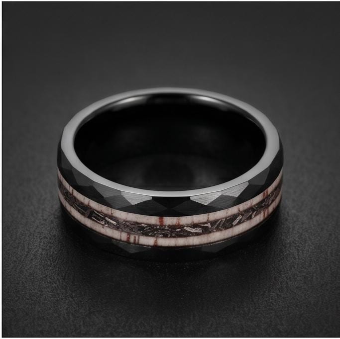 Hammered Tungsten Meteorite Deer Antler Ring ~ Black Wedding Band (8mm) ~ Hunting Mens Wedding Ring ~ Mens Anniversary Promis