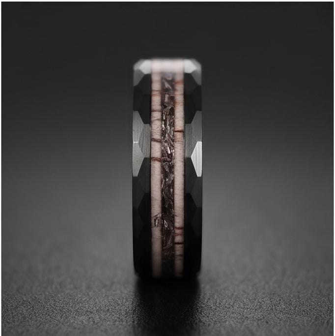 Hammered Tungsten Meteorite Deer Antler Ring ~ Black Wedding Band (8mm) ~ Hunting Mens Wedding Ring ~ Mens Anniversary Promis