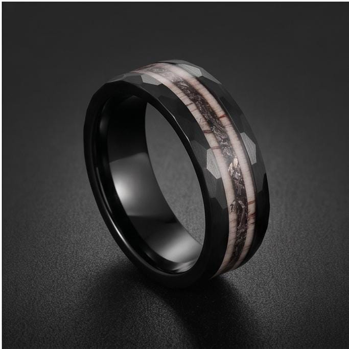 Hammered Tungsten Meteorite Deer Antler Ring ~ Black Wedding Band (8mm) ~ Hunting Mens Wedding Ring ~ Mens Anniversary Promis