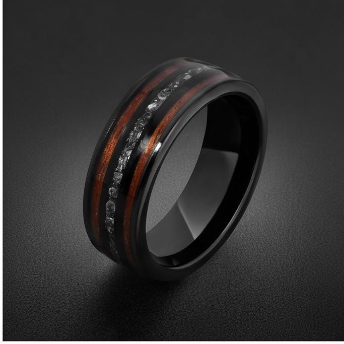 Mens Meteorite Wedding Band ~ Mens Koa Wood Ring ~ Tungsten Carbide Wedding Ring ~ Anniversary Ring 8mm Thick ~ Black Hammere