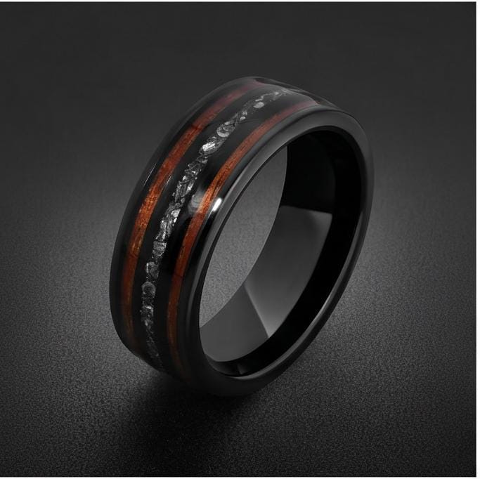 Mens Meteorite Wedding Band ~ Mens Koa Wood Ring ~ Tungsten Carbide Wedding Ring ~ Anniversary Ring 8mm Thick ~ Black Hammere